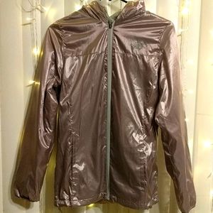 Hooded women's shiny purple running rain jacket